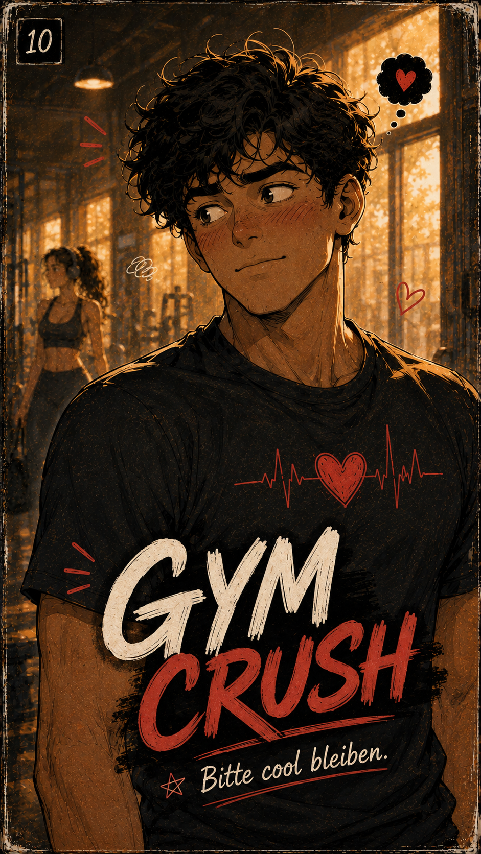 GYM CRUSH Key Visual: ein verlegener junger Mann im Gym mit seinem Crush im Hintergrund