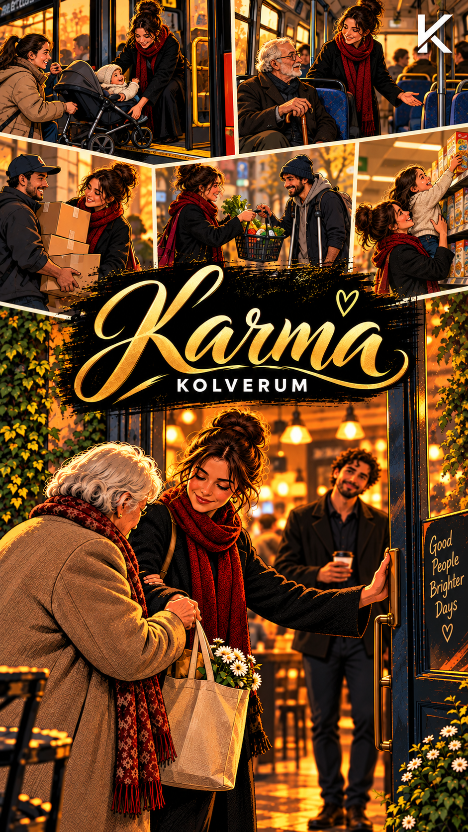 KARMA Key Visual: eine junge Frau hilft anderen Menschen in warmen, goldenen Alltagsszenen